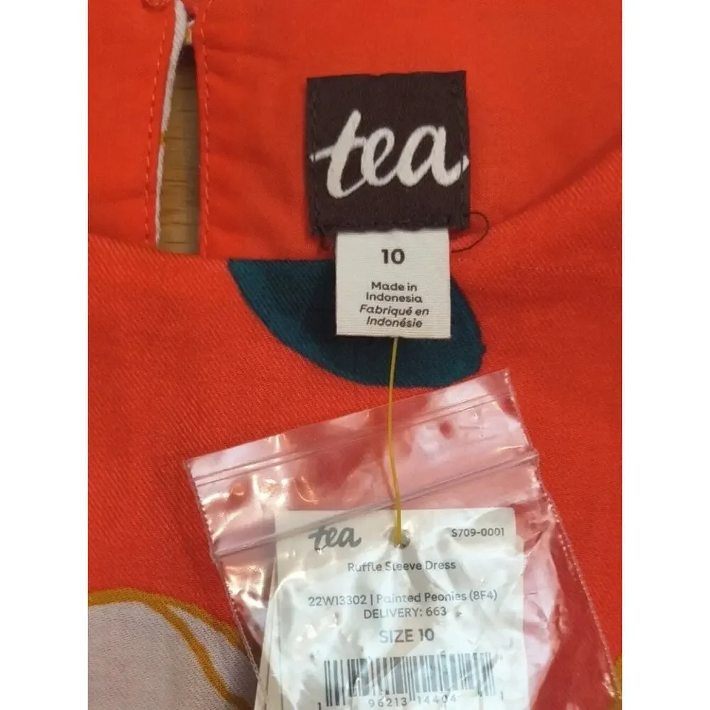 Tea Collection Ruffle Sleeve Dress Painted Peonies Size 10 NWT